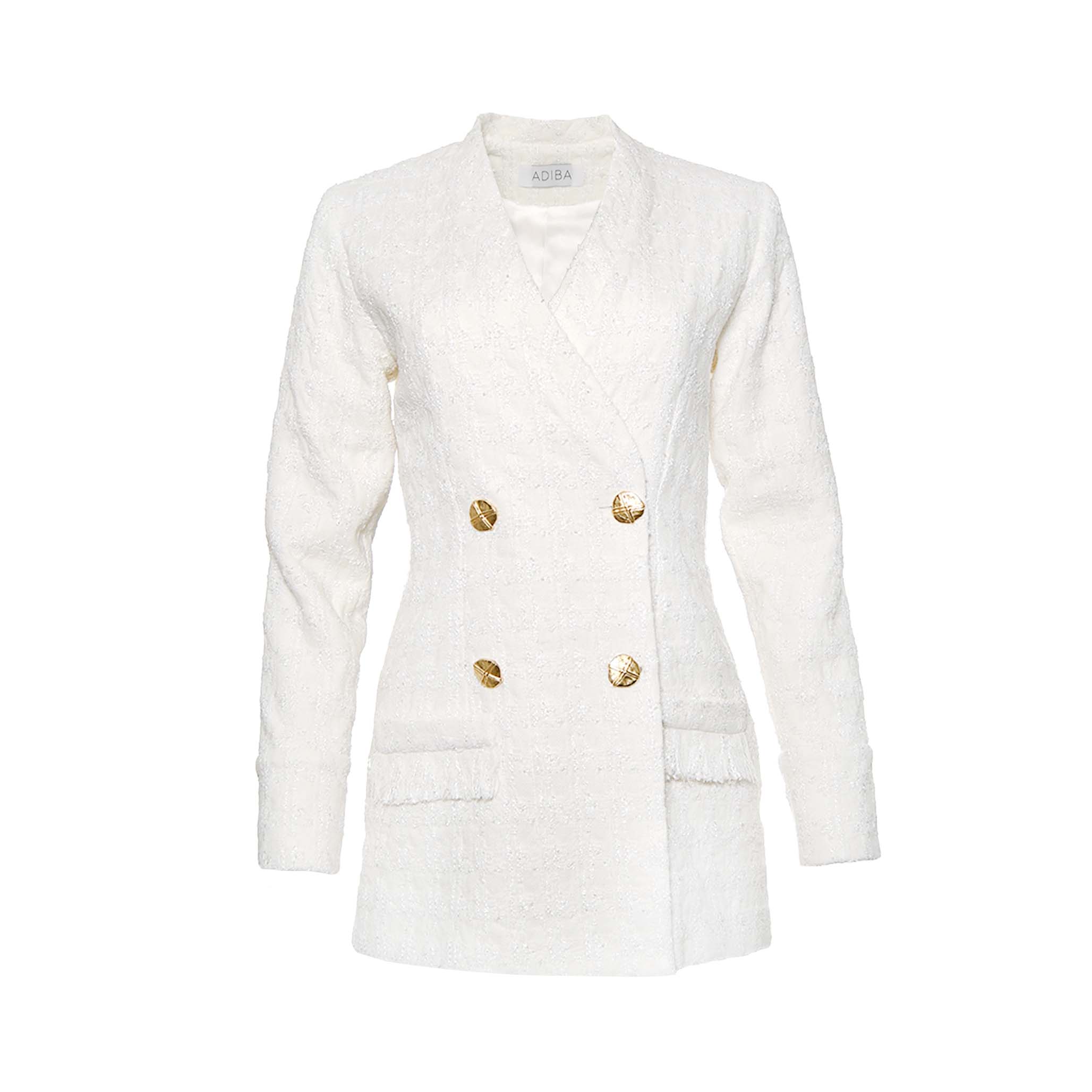 Pearl White Double Breasted Long Blazer – ADIBA